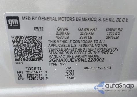 2022 Chevrolet Equinox Awd Lt из США, поврежденный, VIN 3GNAXUEV9NL228902